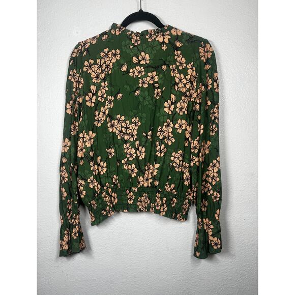 Kachel Anthropologie Ruffle Top Green Floral Smocked Waist Long Sleeve Sz 10 - Picture 4 of 5